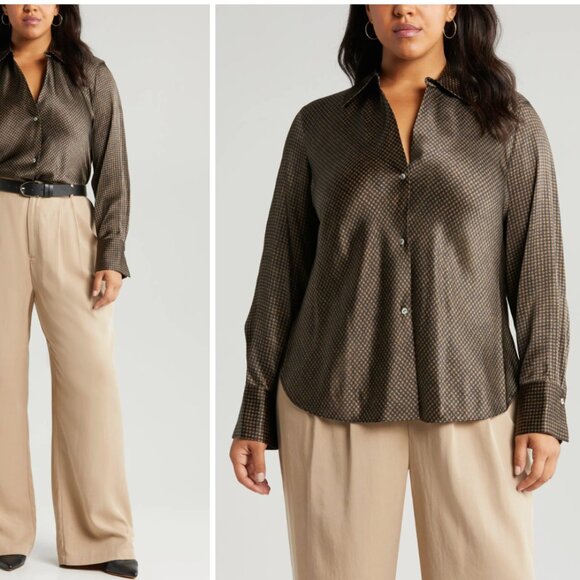 Vince Black and Brown Houndstooth Silk Blouse 1X - Picture 1 of 13